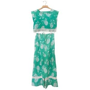 Vintage Matching Set Hawaiian Pineapple Print Lace Crop Top Wide Leg Pants S